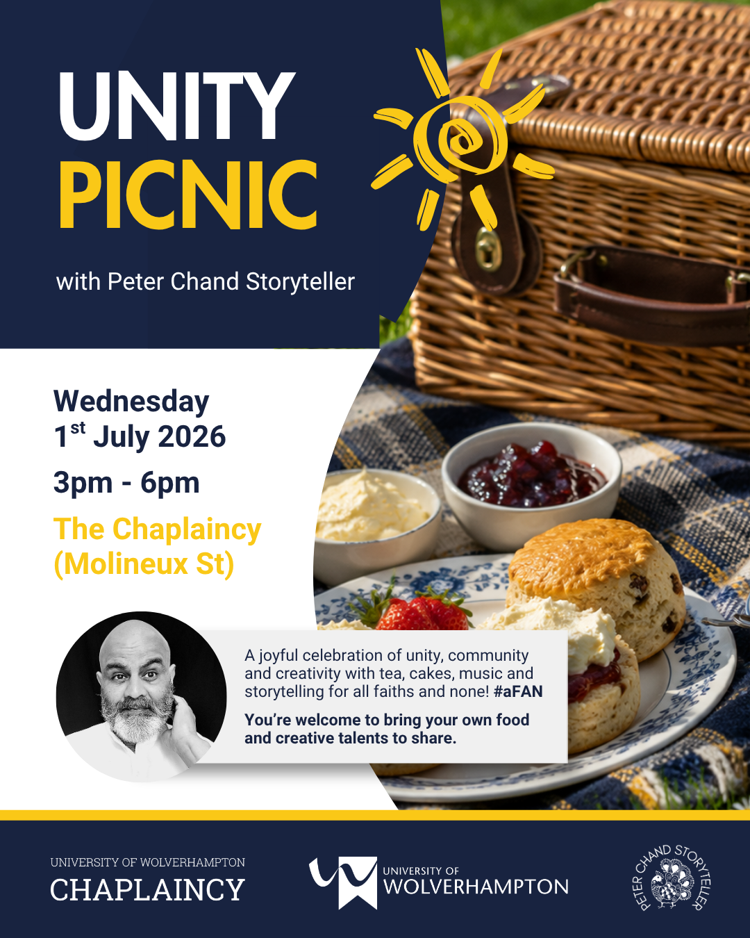 Unity picnic with Peter Chand event poster. Wednesday 1 July at the Chaplaincy. Booking required.