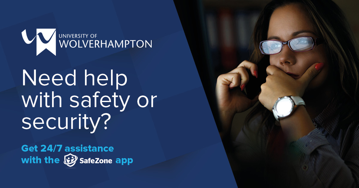 A woman looking at a screen with an insert advertising the SafeZone app
