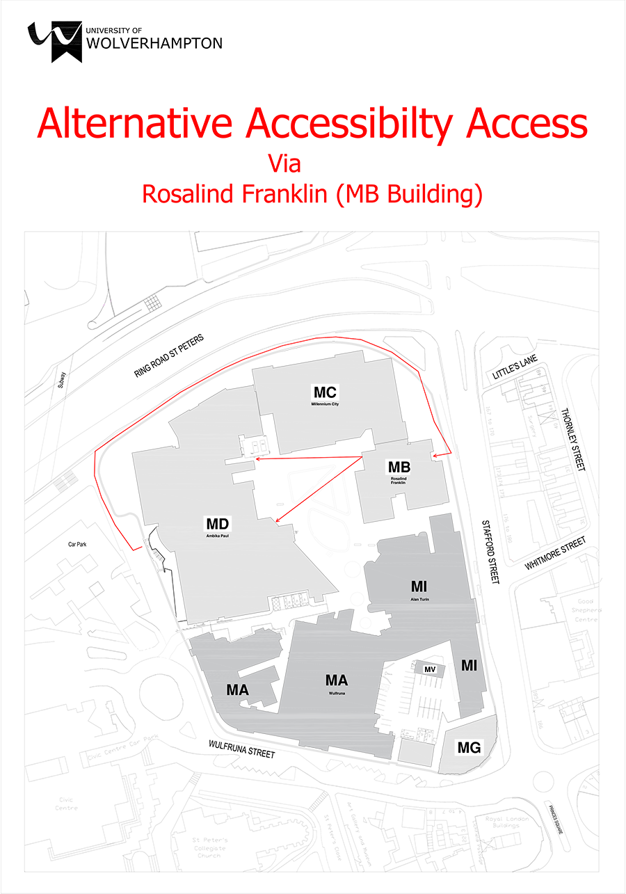 Map showing alternative accessibility route via Rosalind Franklin Building