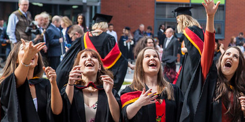 Photograph from a WLV Graduation Ceremony of a group of graduates in the courtyard throwing their caps in the air, all smiling and excited