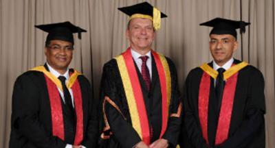 Mr Lefeer Muhamed Marakkarackayil, University of Wolverhampton Vice-Chancellor Professor Geoff Layer,  and Dr Abdullah Saif Ahmed Al Sabahi
