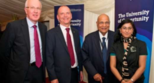 Chancellor Lord Paul of Marylebone and Vice Chancellor Geoff Layer, Michael Elliott, Chairman of the Board of Governors and graduate Sofina Islam,