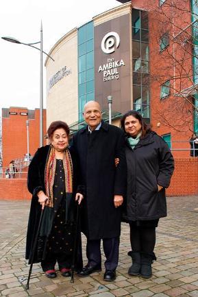 Lord Paul with Lady Paul and daughter Anjli outside the Ambika Paul Building.