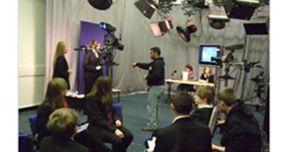 Students from Moseley Park School, Northicote School, Smestow School and Highfields School preparing and producing a news broadcast.
