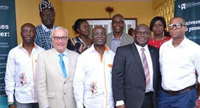 Roger Milla (centre-left) and Professor Ndy Ekere (centre right) with representatives from the University of Wolverhampton and the Roger Milla Foundation.
