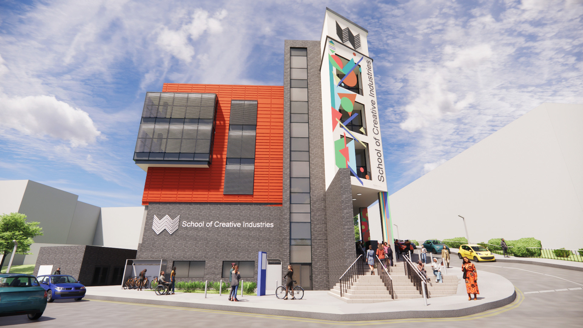 A computer generated image of how the front of the Housman Building may look as the School of Creative Industries. Featuring a water coloured image with geometrical shapes in pastel colours and the School of Creative Industries logo on the front of the building.