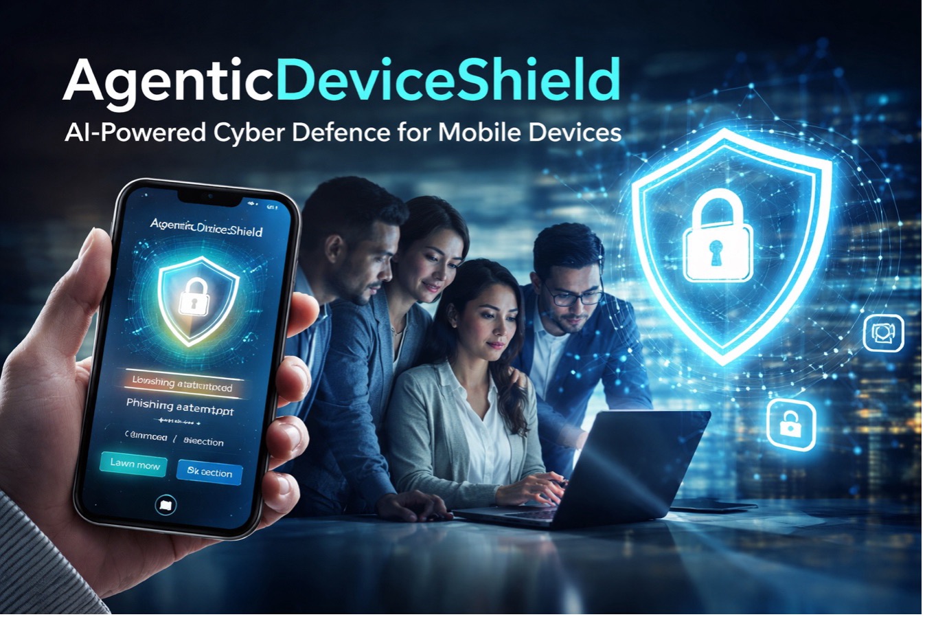 A computer generated image featuring a group of four people looking at a laptop screen. On the left is a hand holding a mobile phone running a security check