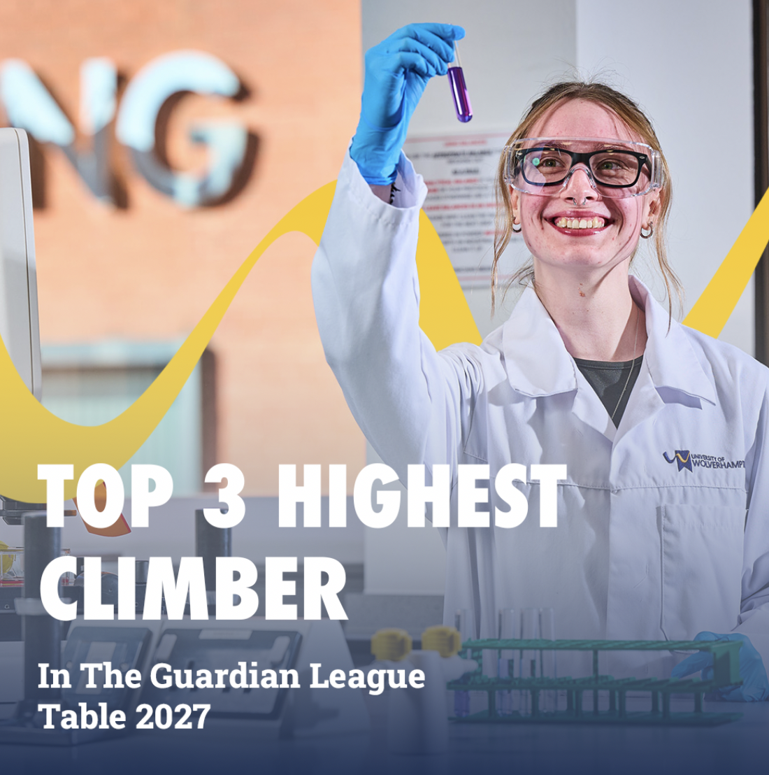 A science student dressed in white lab coat holds up a test tube and looks upward. The wording in white says Top 3 Highest Climber