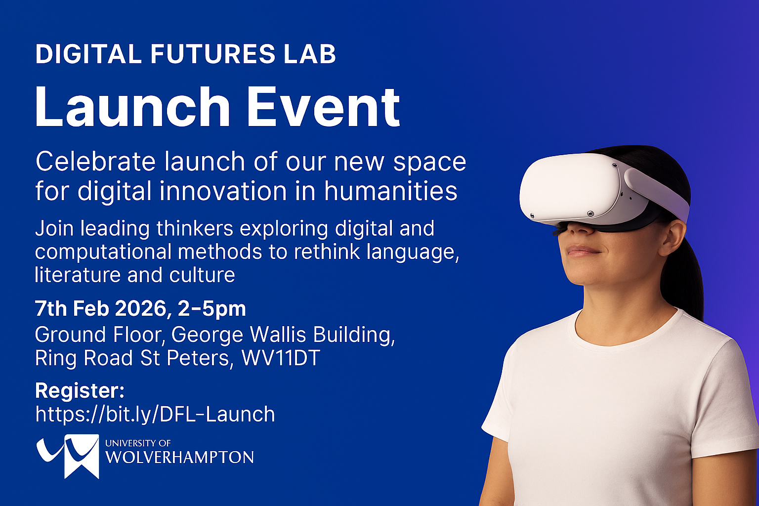 CGI photoreal image of a woman wearing a VR headset with information on the location of the event on 7 February 2026