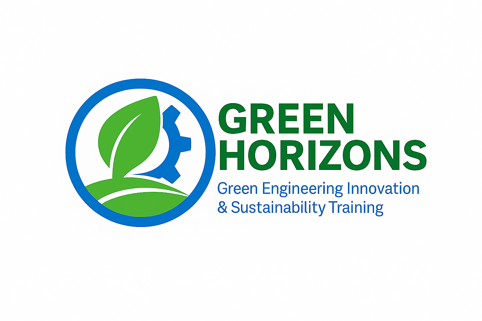 Logo for Green Horizons featuring green lettering with blue tagline saying 'Green Innovation Engineering and Sustainability Training'