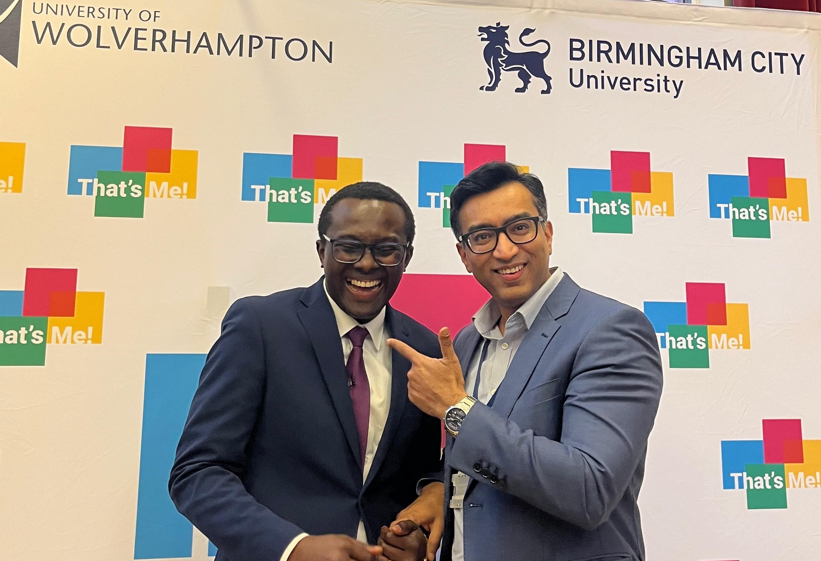 Manager for the That's Me! project Deinsam Ogan shakes hands with Prof. Prashant Pillai, Pro Vice-Chancellor for Research and Knowledge Exchange from University of Wolverhampton.