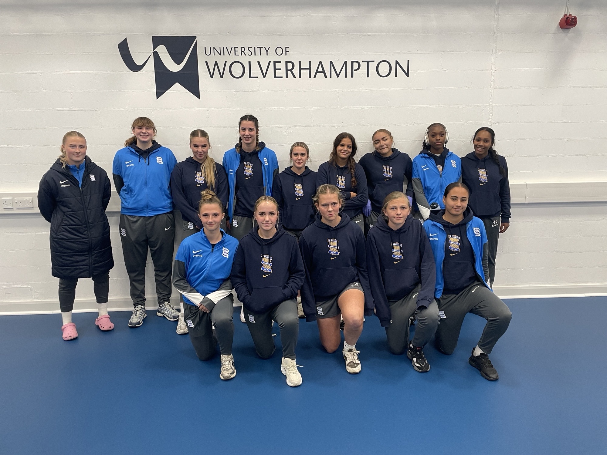 Birmingham City's U21 Women's team line up for a photo at the University's School of Sport