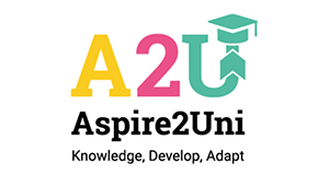A2U. Aspire2Uni. Knowledge, Develop, Adapt. The A2U logo is written in three lines. Line 1: A2U, written in yellow, pink and green respectively, with a graduation cap on top of the right side of the U. Line 2: Aspire2Uni written in black. Line 3: Knowledge, Develop, Adapt written in black.
