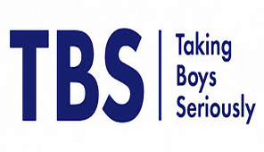 Taking Boys Seriously logo is on a white background with blue text. The text says TBS on the left and 