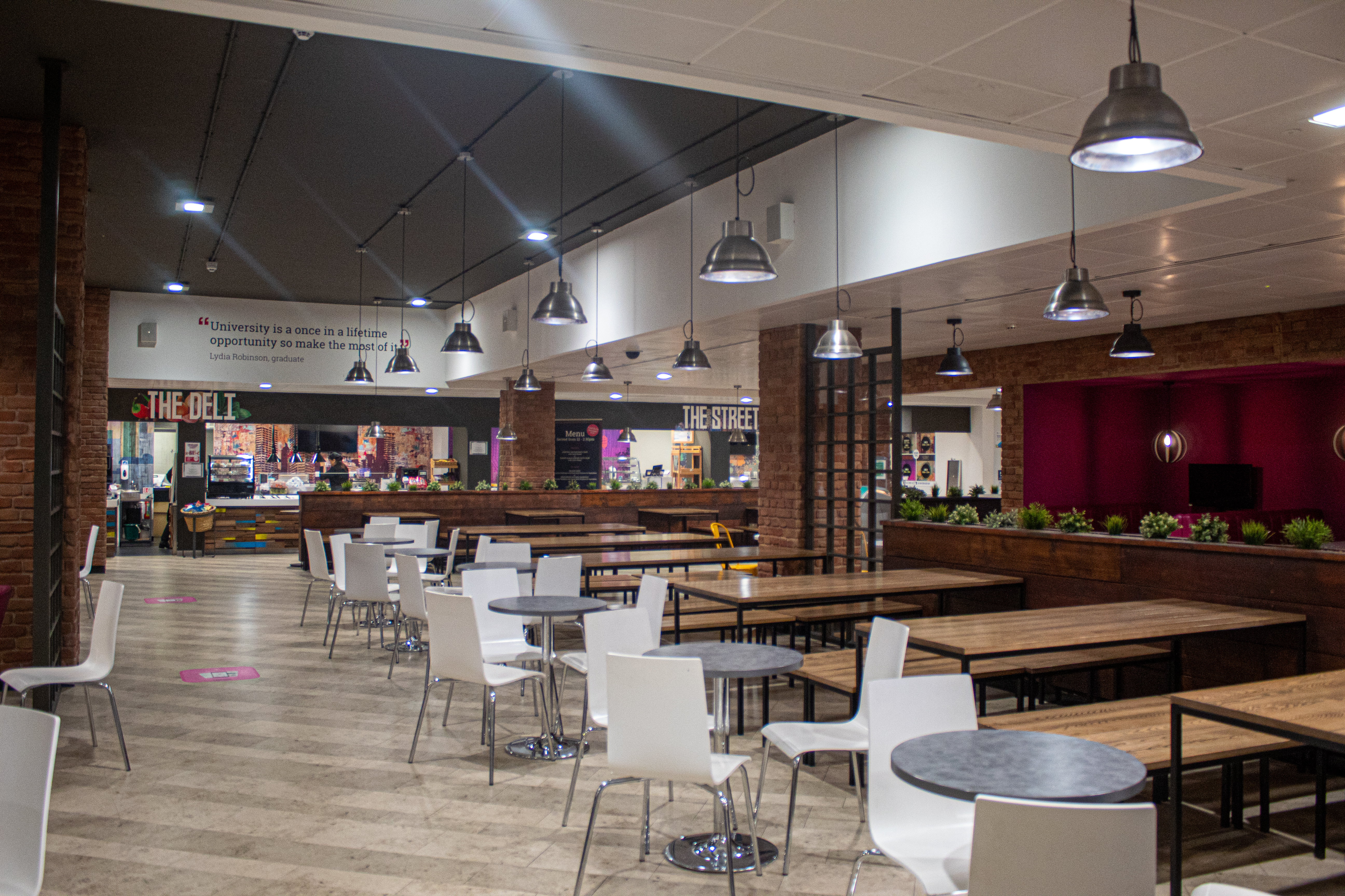 The Courtyard Cafe in the MC building, with indoor seating, the deli and the street kitchen