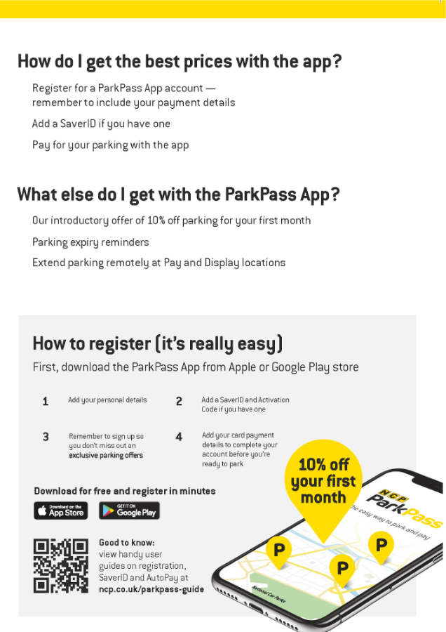 NCP park pass graphic detailing the park pass app with a 10 percent discount on your first month of parking after registration