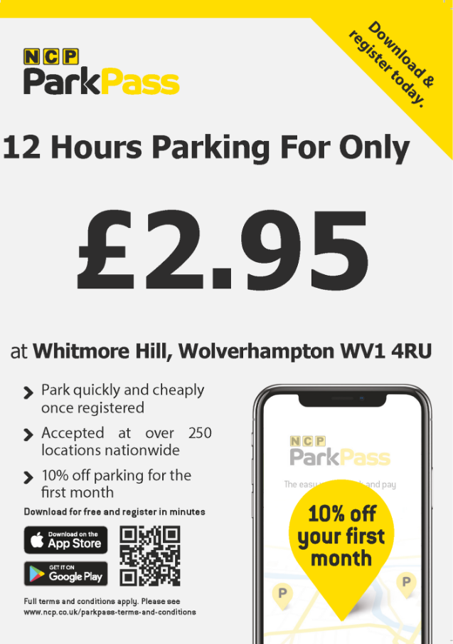 NCP Park Pass graphic detailing the £2.95 charge for 12 hour parking at Whitmore Hill, Wolverhampton WV1 4RU