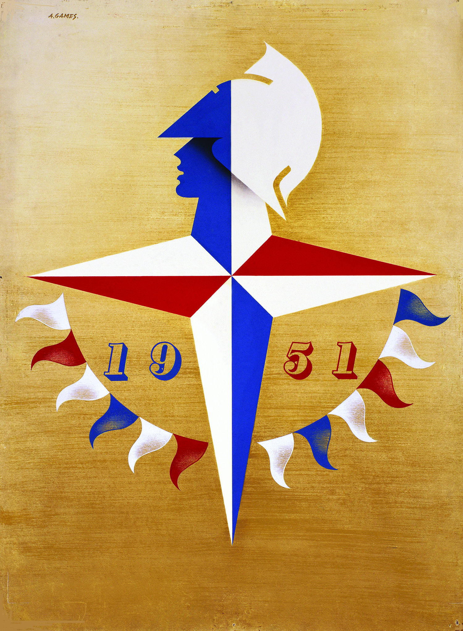 Festival of Britain logo, the outlined head of a helmeted soldier atop a cross shape above the date of 1951, rendered in red, white and blue