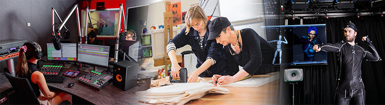 Montage image showing lots of students engaged in a variety of practices associated with the creative industries including photography, lino printing, video recording, using the motion capture studio, painting and sculpting