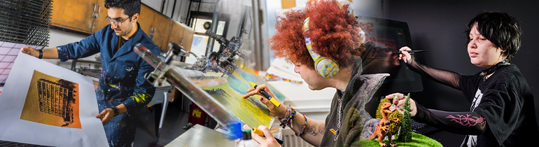 Montage image showing lots of students engaged in a variety of practices associated with the creative industries including photography, lino printing, video recording, using the motion capture studio, painting and sculpting