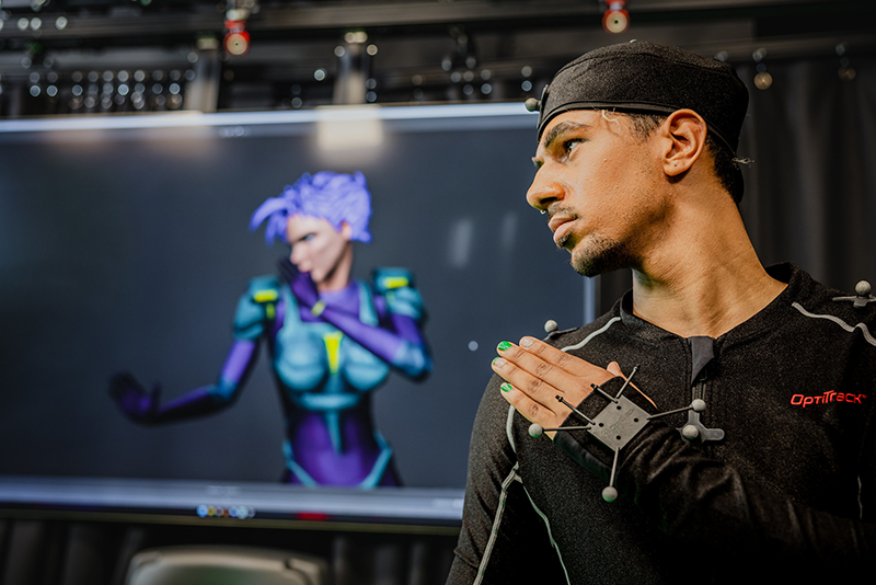 Student photographed in the motion capture suite, in the Screen school