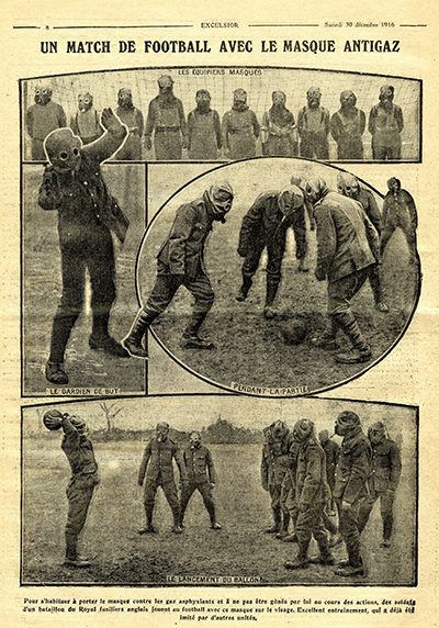 Soldiers play football with gas masks on