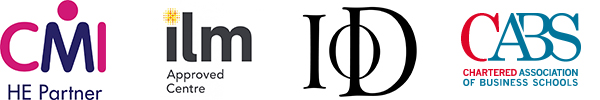 Logos of Chartered Management Institute HE partner, ILM approved centre, Institute of Directors and Chartered Association of Business Schools 