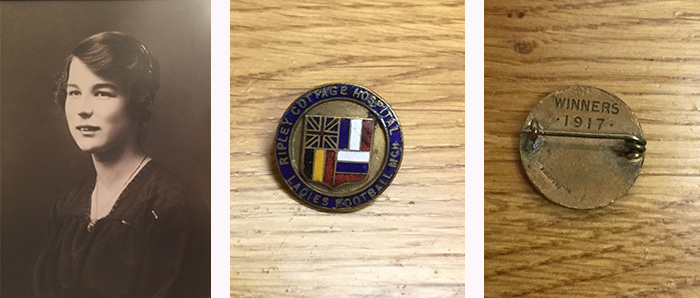 Mary Ellen Ludlum, along with the front and back of the Winners 1917 pin badge