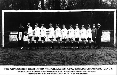 The ‘World Champion’ Dick, Kerr’s Ladies  Granny Lizzy Ashcroft holding onto mate Lily Parr (with ball)  (Source: Author’s collection)