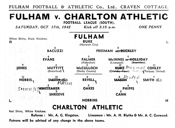 Fulham v Charlton Athletic team 17 October 1942