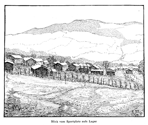 Black and white illustration of the view from the sports ground to the camp