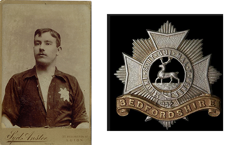 Footballer with maltese cross badge on shirt and Bedfordshire Regiment maltese cross badge