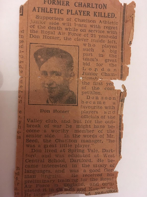 Press cutting (newspaper unknown) recording Donald Homer’s death. Photo: J. Broad