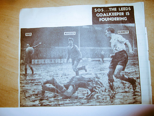 Les Bennett in action - SOS the Leeds Goalkeeper is foundering (in the mud)