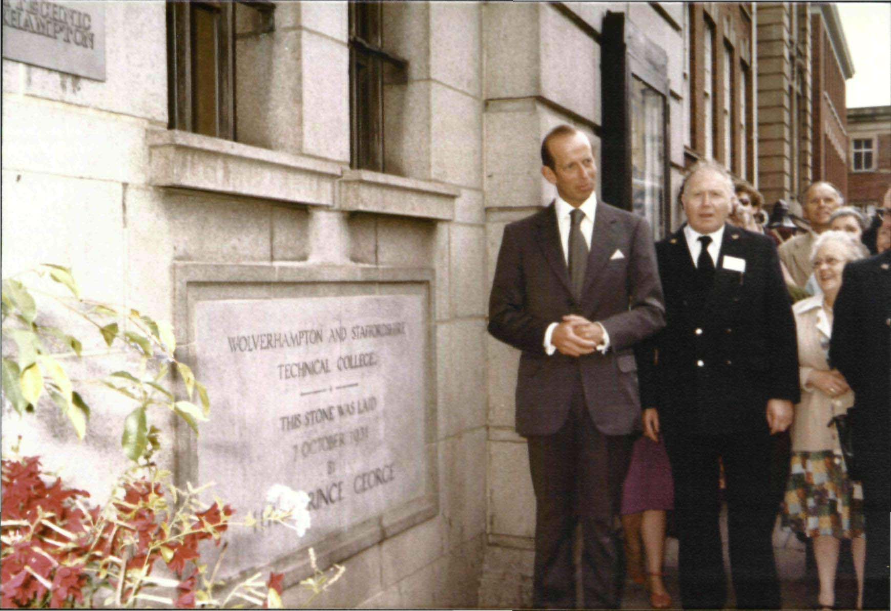 Historic photograph of the Duke of Kent opening the Wolverhampton Polytechnic.