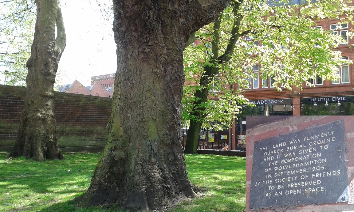 Green area outside the Slade Rooms building on Broad Street, with an insert of the nearby plaque detailing the former Quaker burial ground