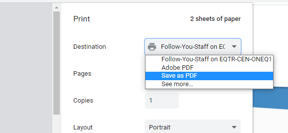 image showing the drop-down box when choose Print to change to save as PDF instead