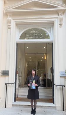 Kiran Gulia outside The Royal Academy of Engineering with her publication