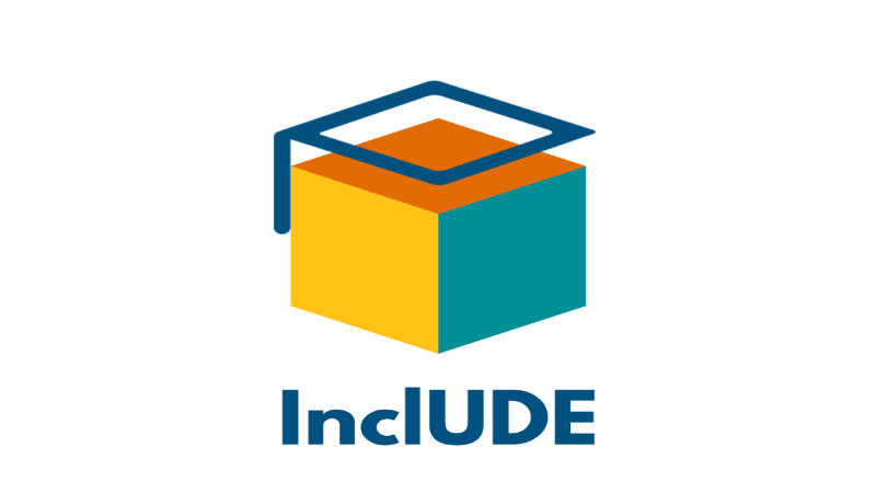 Logo - cube with yellow and teal sides and an orange top, with a stylised mortarboard above it, and the text InclUDE below
