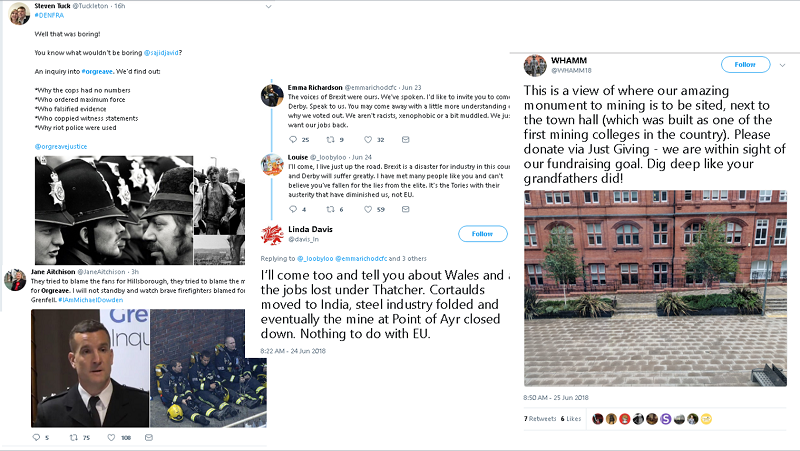 A selection of tweets about coal mining - one reads 'This is a view of where our amazing monument ot mining is to be sited next to the town hall (which was built as one of the first mining colleges in the country).  Please donate via Just Giving.  we are within sight of our fundraising goal.  Dig deep like your grandfathers did! There are also iconic images from the Miners' Strike