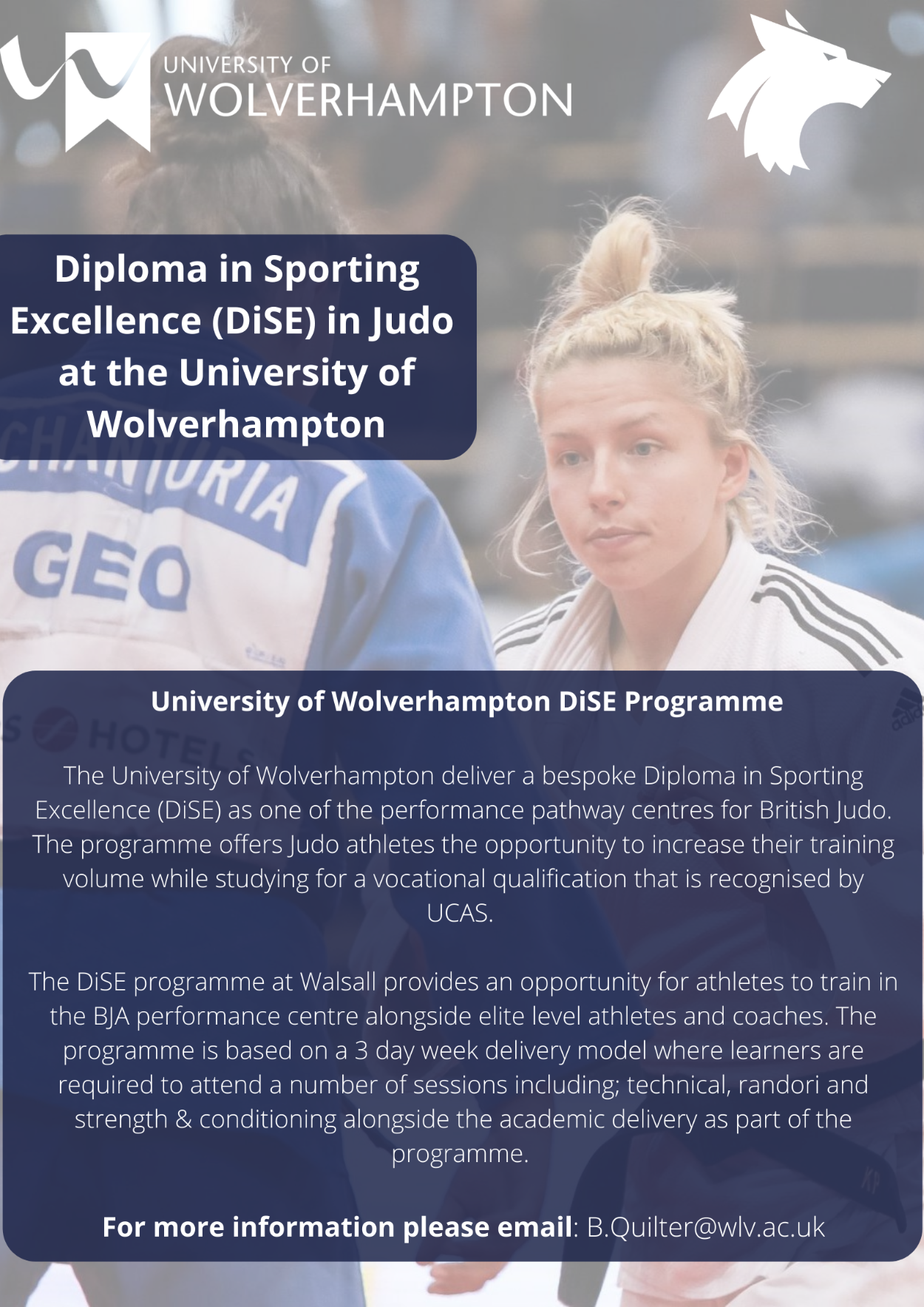 Diploma in Sporting Excellence graphic, showing two judo practitioners in white and blue judogi with an outline of the program and a contact email