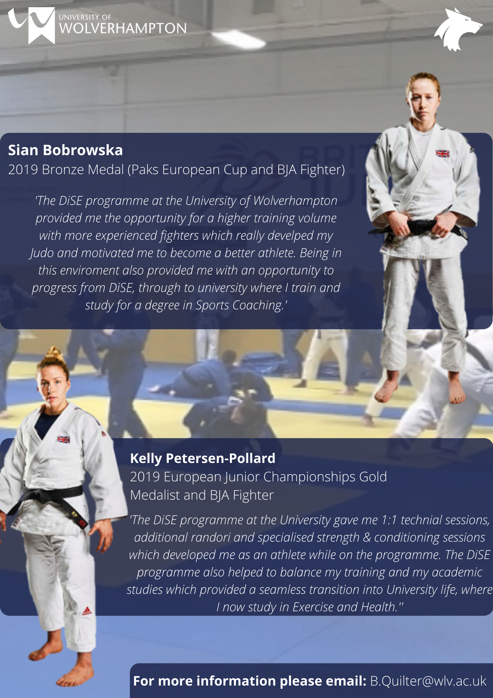 Diploma in Sporting Excellence graphic with accounts from award-winning judo practitioners Sian Bobrowska and Kelly Petersen-Pollard