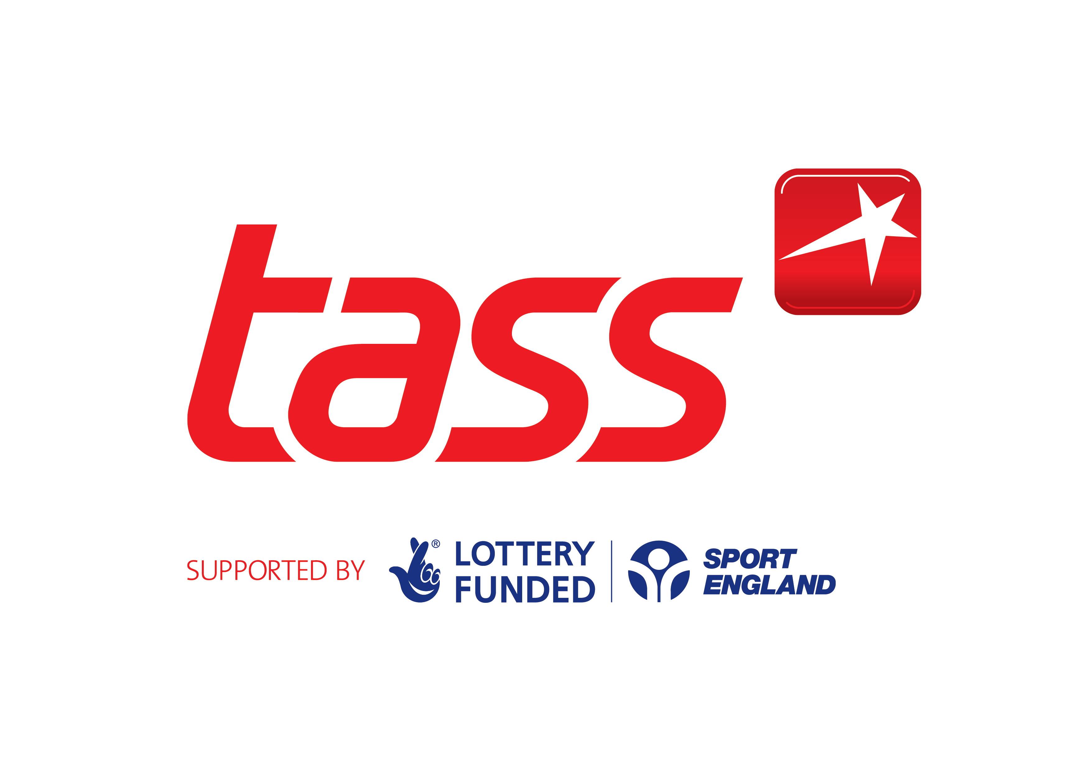 Talented Athlete Scholarship Scheme logo, red text reading TASS with logos of supporting bodies The National Lottery and Sport England