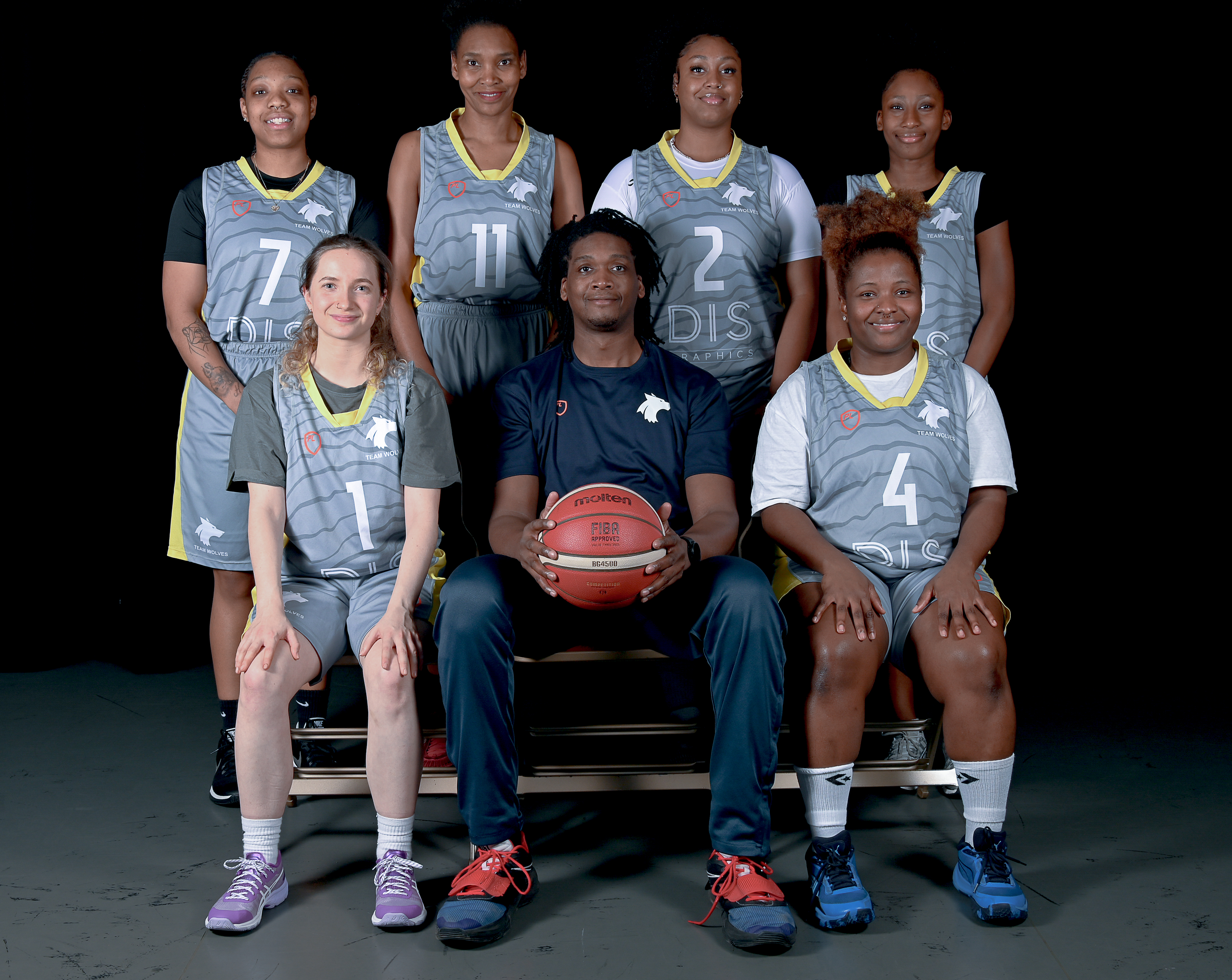 Photograph of the University of Wolverhampton women basketball team for 2023-24, posed together wearing matching grey uniforms with yellow details.
