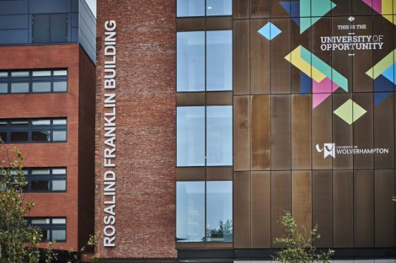 The Rosalind Franklin building exterior, with the University of Wolverhampton branding and the name of the building as signage on the wall