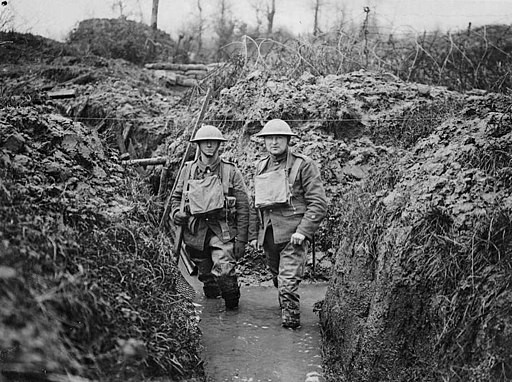 A damaged British trench during a period of rain