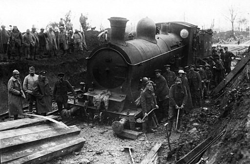 ROD men repairing a damaged railway, 1918
