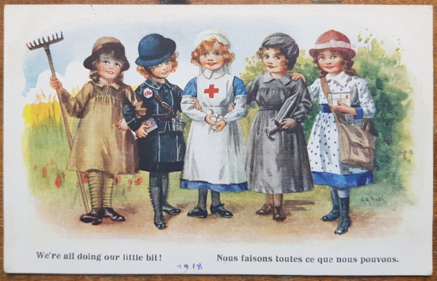 Original French World War One Postcard - Land Girl, Conductor (‘Clippie’), Nurse, Munitionette, Postie. Source: Lizzy Ashcroft Collection