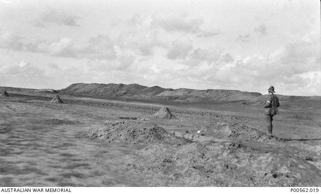 A lone soldier looks across the open plains of the Sinn Banks at the beginning of operations against the Turkish Army